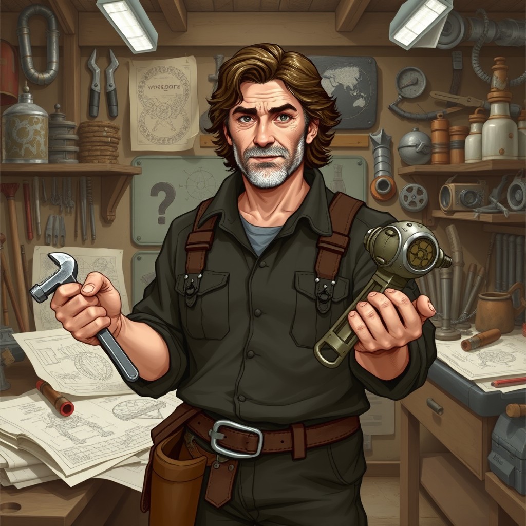A Dungeons & Dragons character depicted as a middle-aged man, standing confidently in his workshop