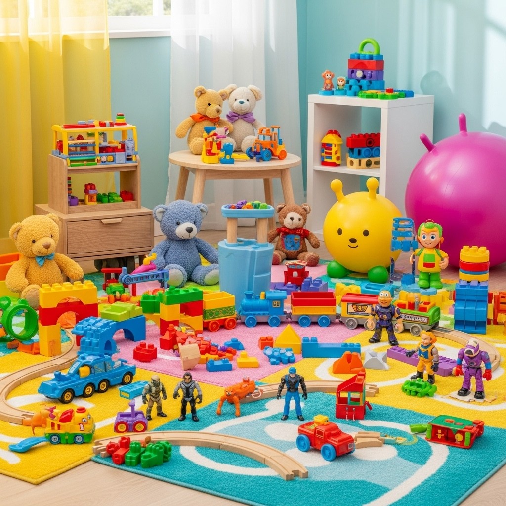 A colorful assortment of various toys spread out on a vibrant playroom floor
