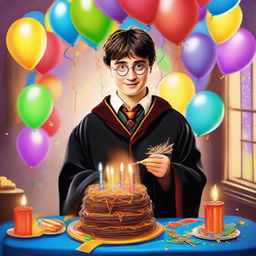 Harry Potter in his wizard robes, smiling, holding a colorful birthday cake with lit candles, in a room decorated with balloons and streamers. It's a surprise party setting with Hogwarts in the background.