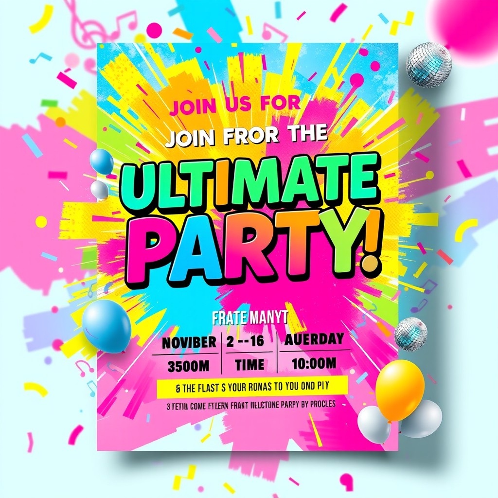 A vibrant and eye-catching party flyer design featuring a colorful abstract background with bursts of confetti and streamers