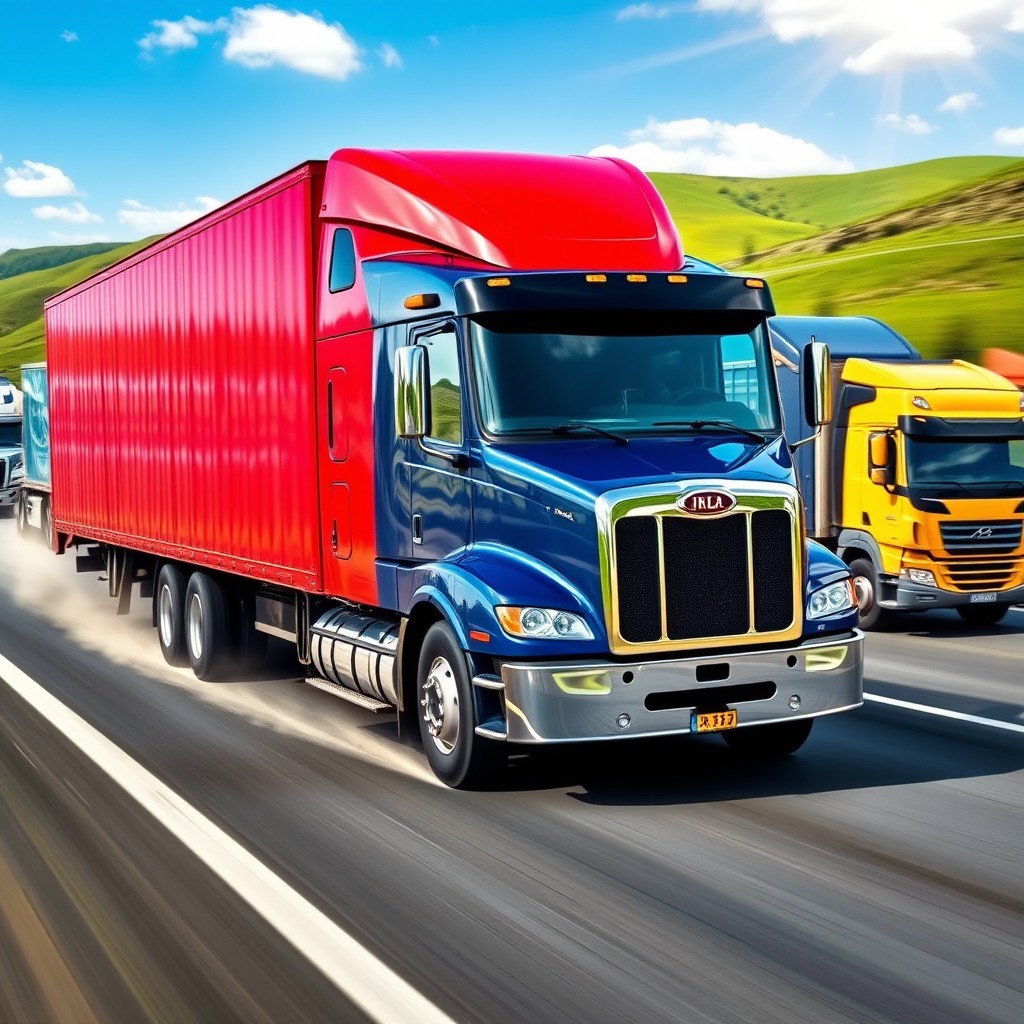 A dynamic scene of various trucks in motion on a vibrant highway, showcasing different types of trucks including a large red semi-truck, a blue delivery van, and a yellow construction truck