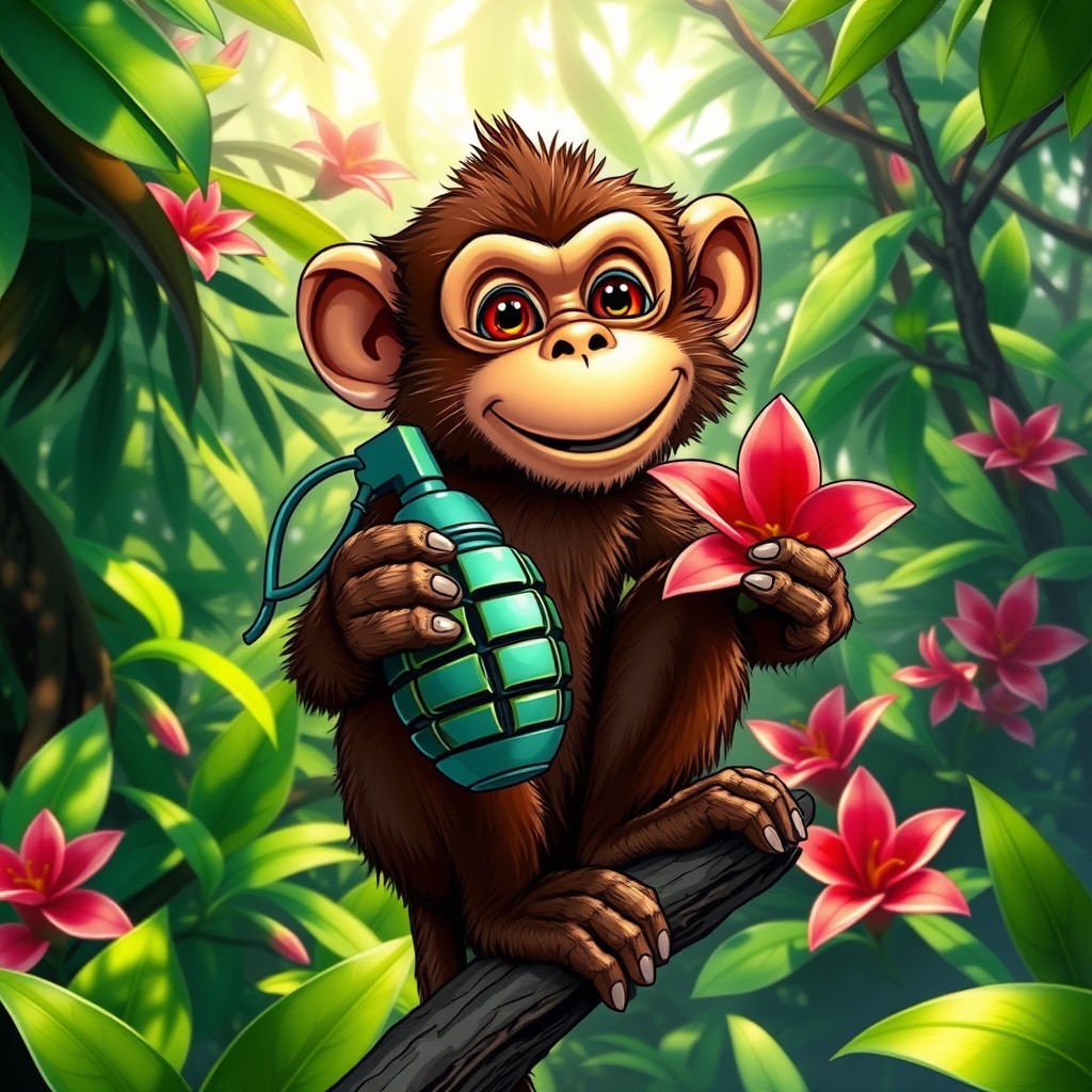 A playful monkey holding a grenade in its hand, showcasing a cheeky expression