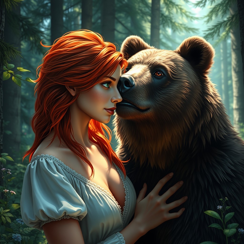 A realistic scene depicting a spicy romance between a young female with captivating green eyes and vibrant flame red hair, who is fated to be the mate of a powerful grizzly bear shifter