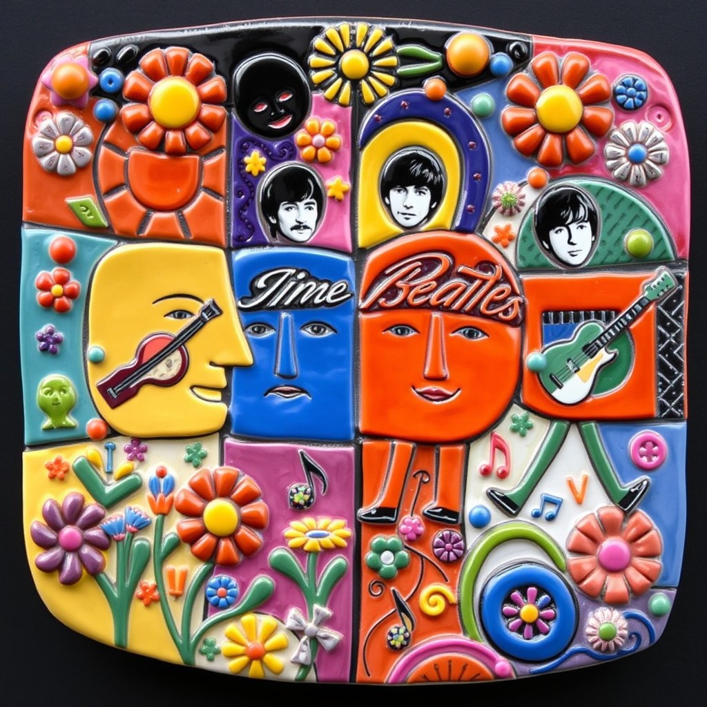 A vibrant ceramic artwork inspired by The Beatles, showcasing colorful representations of their iconic album covers and elements from their music