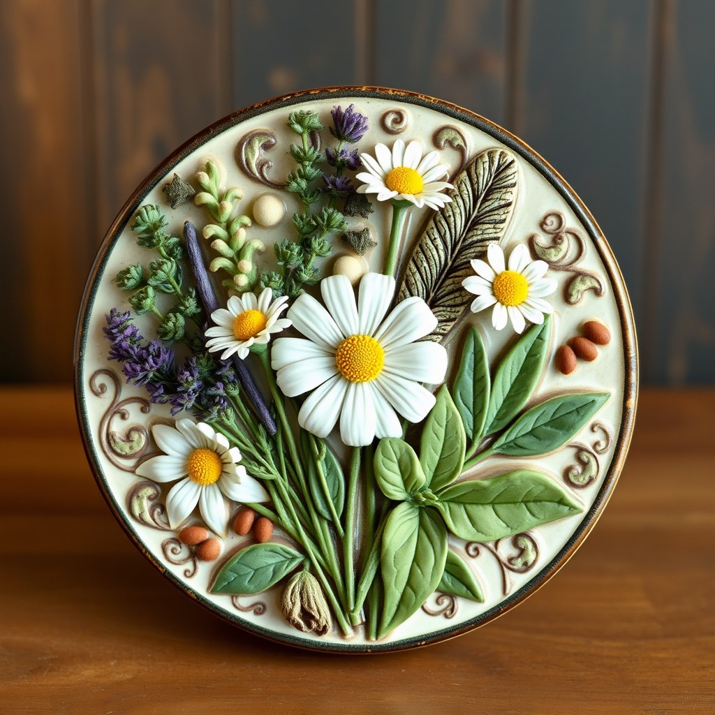 A beautifully crafted ceramic artwork inspired by Polish herbs, featuring an arrangement of various herbs such as thyme, chamomile, and sage, artistically depicted in a traditional herbalist style