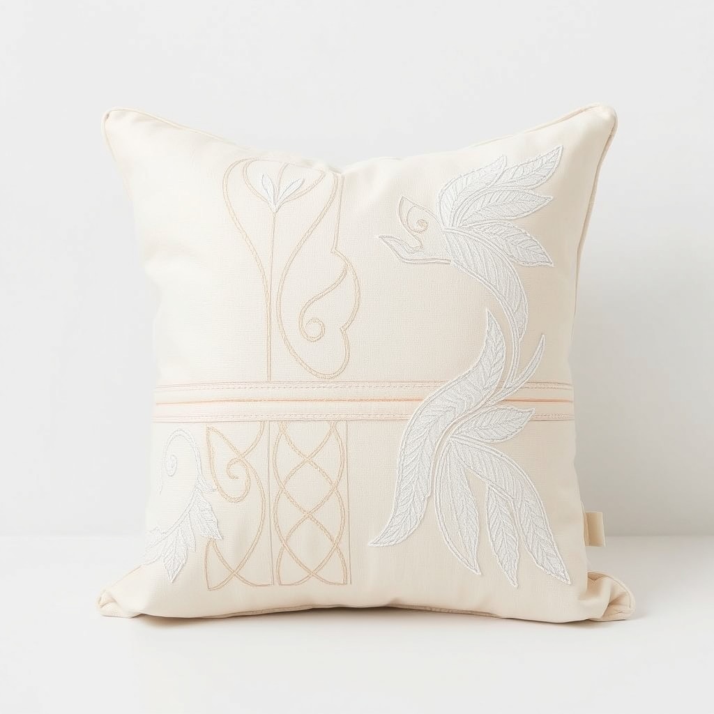 A minimalistic embroidered cushion featuring elegant off-white embroidery on a soft beige base