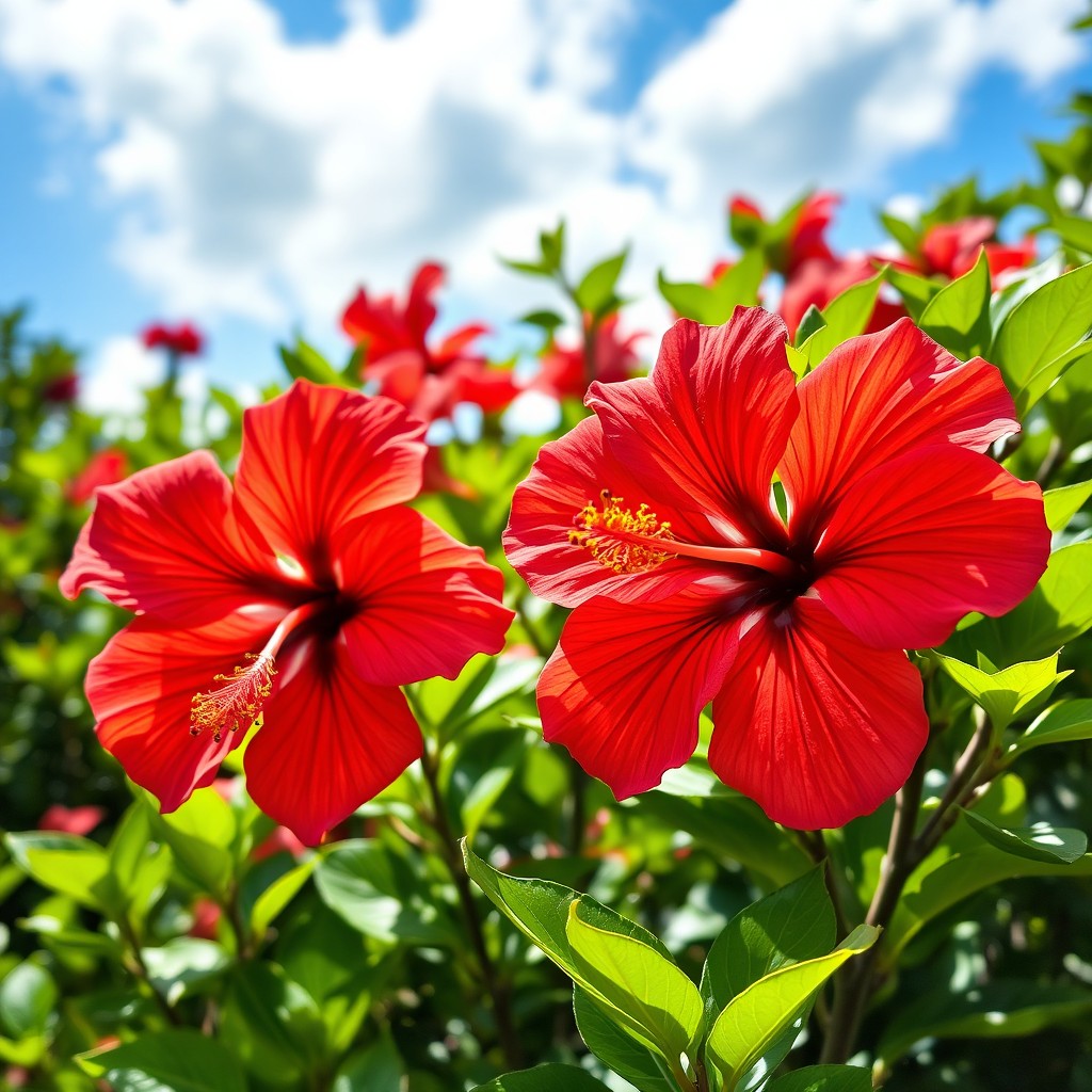 A beautiful scene featuring hibiscus flowers in full bloom, vibrant colors showcasing shades of red, pink, and orange