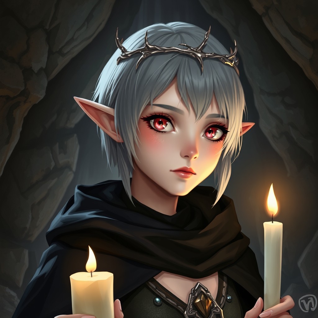 A short-haired elf with ash gray hair and crystal pink eyes, displaying fair skin