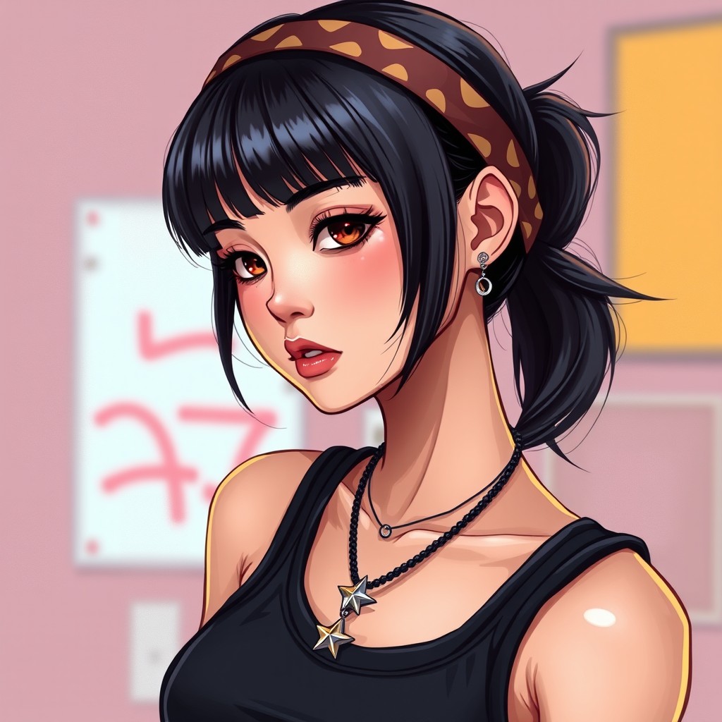A single girl in hip-hop fashion, featuring arched bangs and a stylish headband, embodying Y2K style