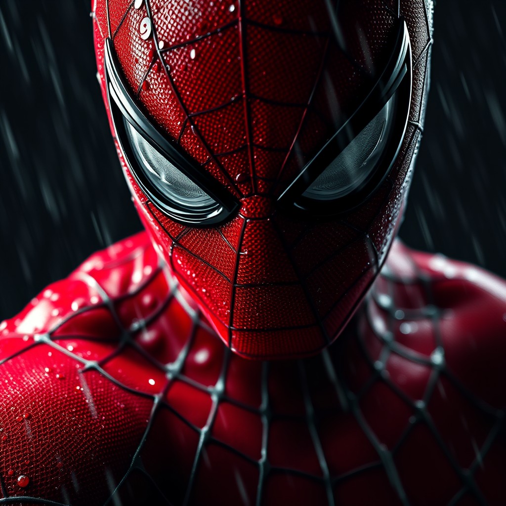 A close-up cinematic shot of Spider-Man in his iconic red and black suit, intricately detailed with water droplets and realistic textures