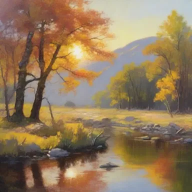The artist skillfully used gamboge paint to bring out the brightness of the sun in the landscape painting.