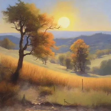 The artist skillfully used gamboge paint to bring out the brightness of the sun in the landscape painting.