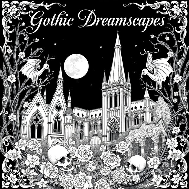 A gothic-style coloring book cover, featuring intricate black and white illustrations of ornate architecture, dark forests, and whimsical creatures