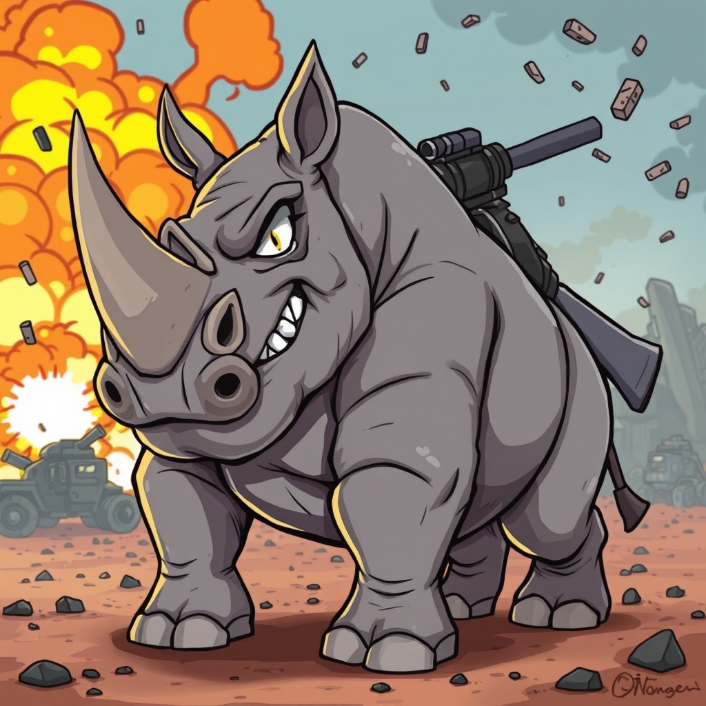 An exaggerated cartoonish rhino with an angry expression, equipped with a PKP machine gun