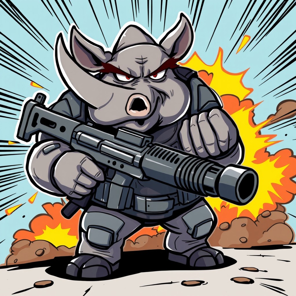 A cartoonish and angry rhinoceros character, standing proudly while holding a Russian PKP machine gun