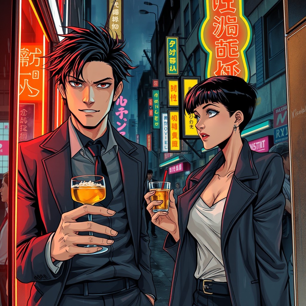 An intricate and detailed scene from a seinen manga, showcasing adult characters in a city nightlife setting