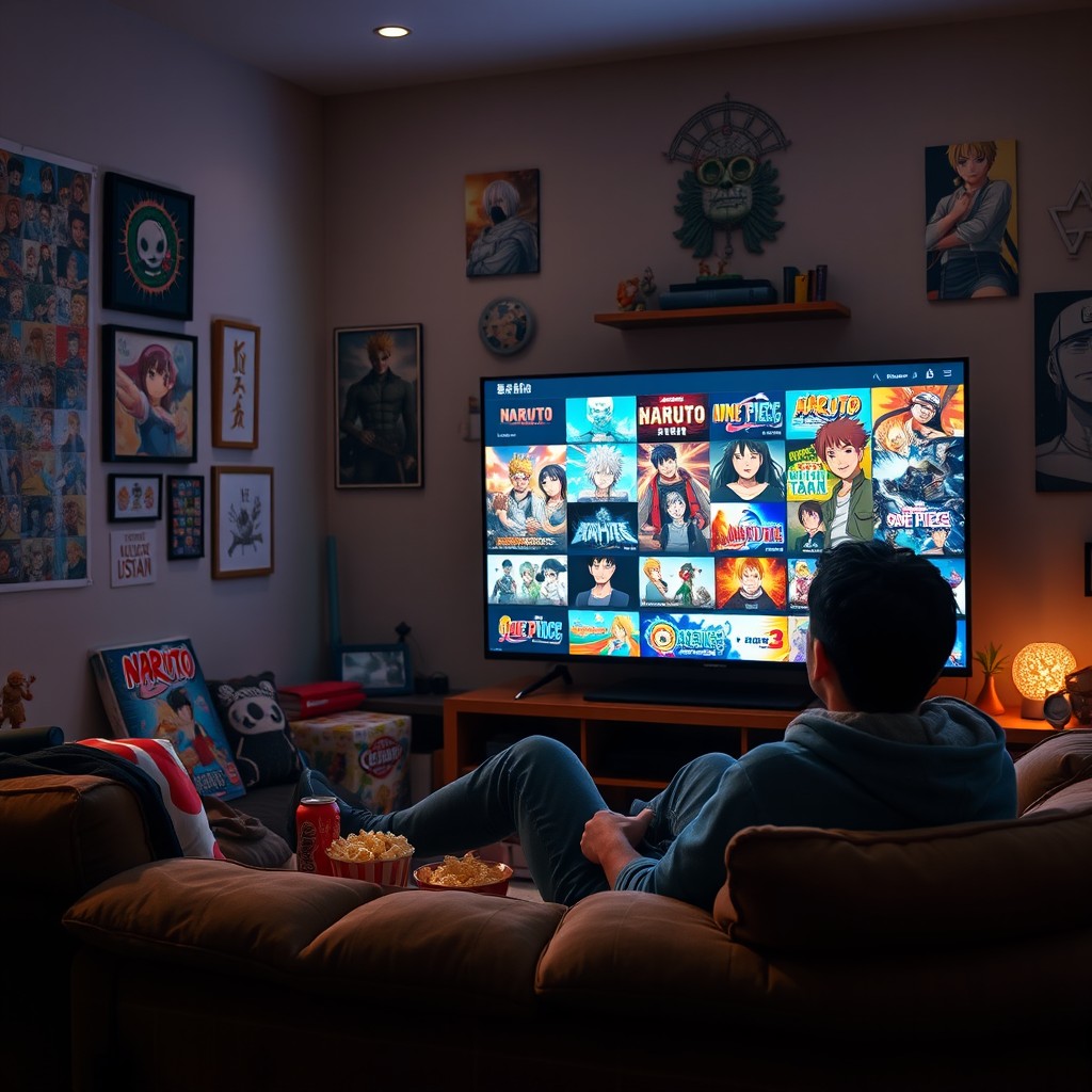 A person sitting comfortably on a couch, engrossed in watching anime on a large TV screen in a cozy living room