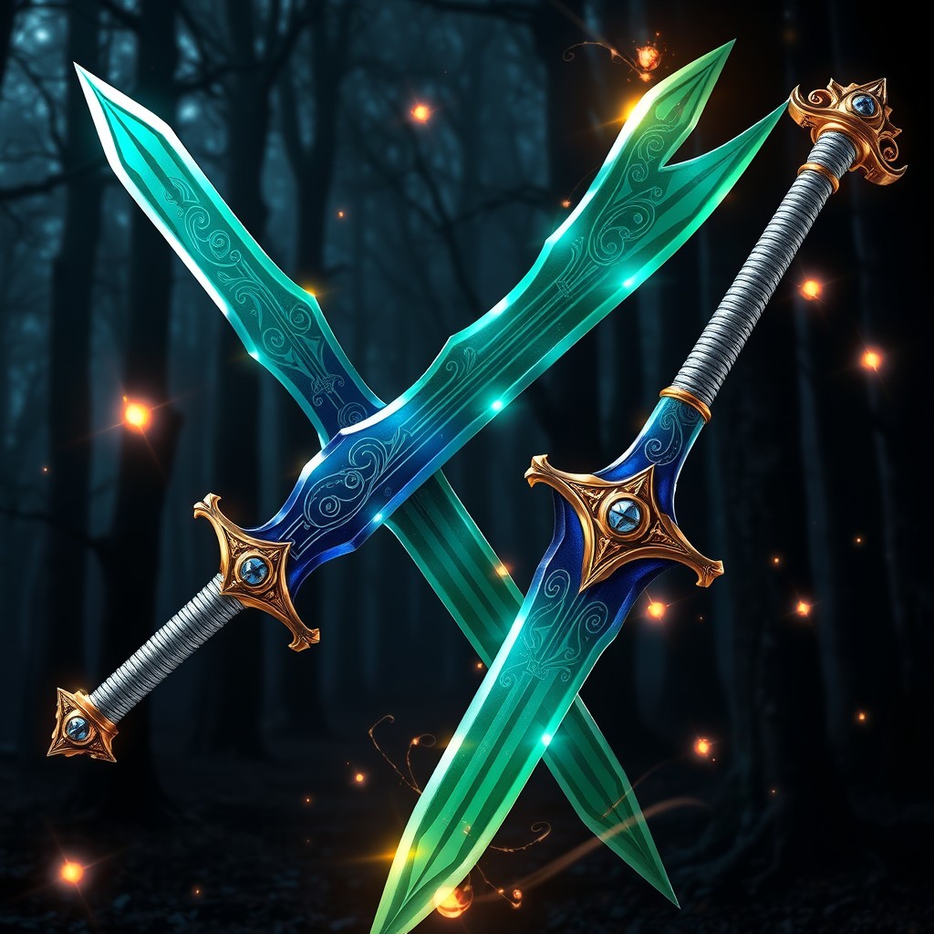A stunning pair of fantasy dual scimitars that can merge to create an imposing great sword