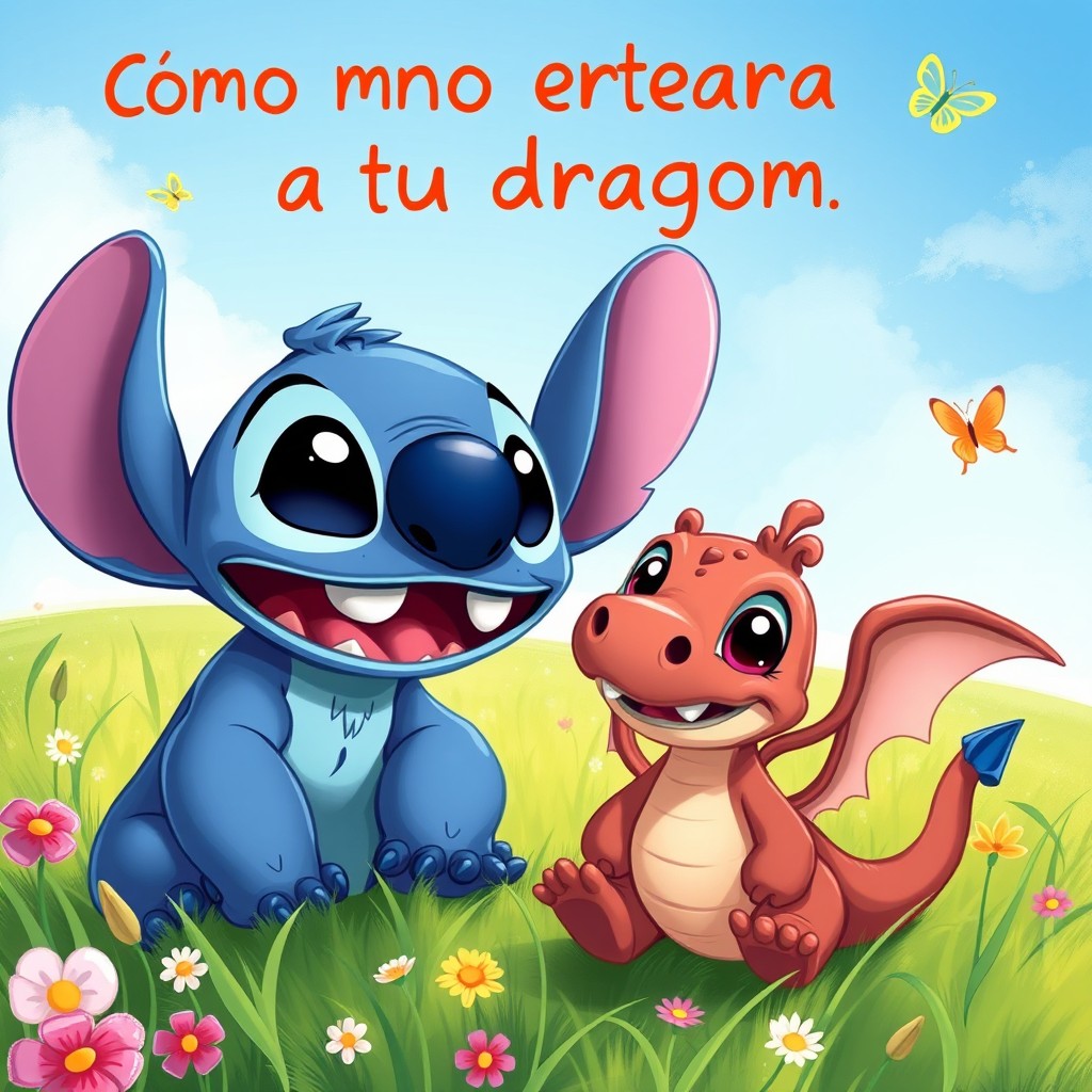 A playful and colorful illustration featuring Stitch and a character resembling Chimuelo (the beloved dragon from 'Cómo entrenar a tu dragón')