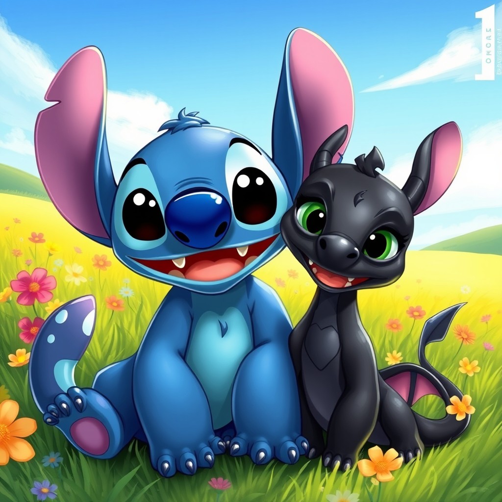 A vibrant and whimsical illustration featuring Stitch alongside Chimuelo, the small black dragon from 'Cómo entrenar a tu dragón'