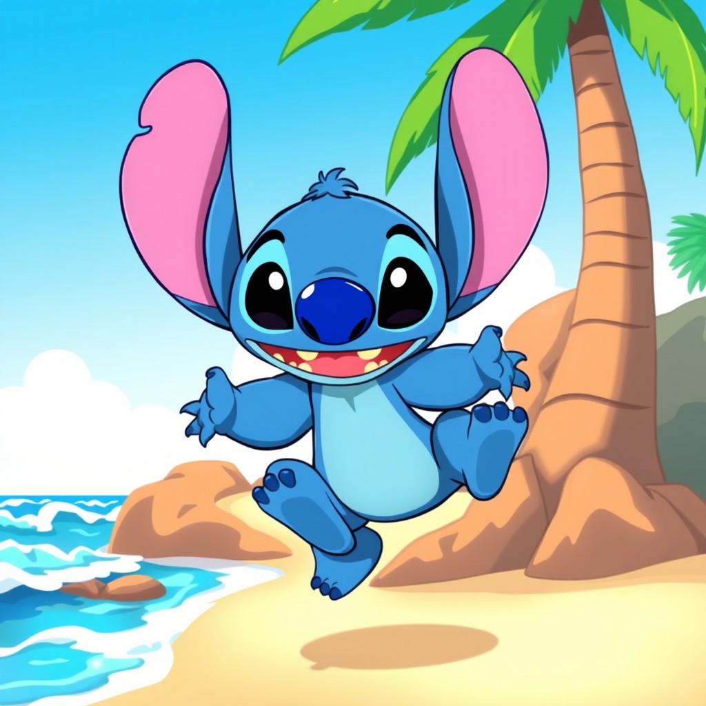A charming and whimsical illustration of Stitch, the adorable blue alien from Disney's 'Lilo & Stitch'