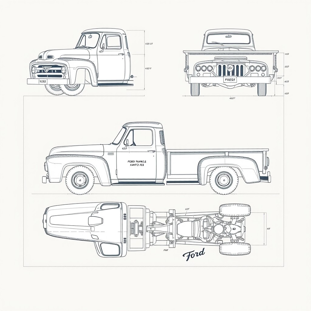 Detailed technical blueprints of a Ford truck from 1955, showcasing intricate designs and specifications