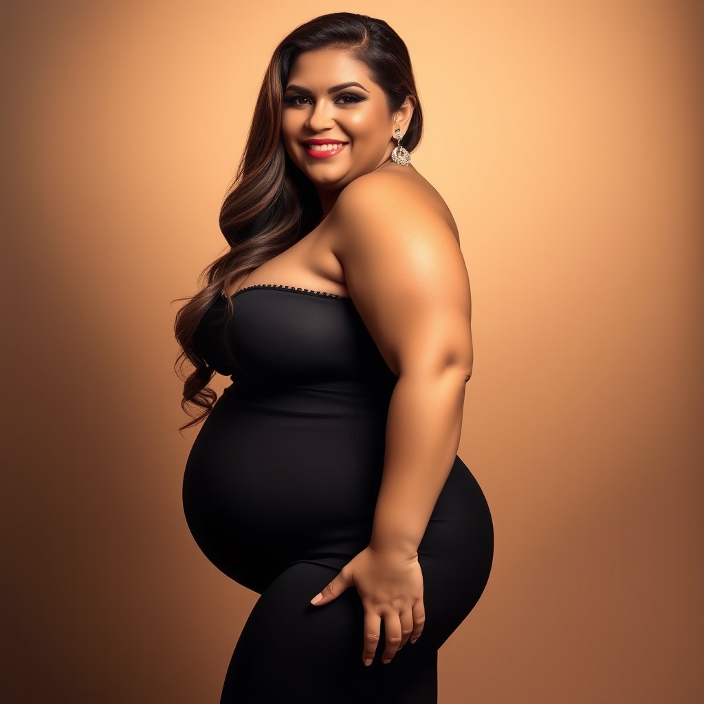 A voluptuous woman standing confidently facing forward, showcasing her full figure