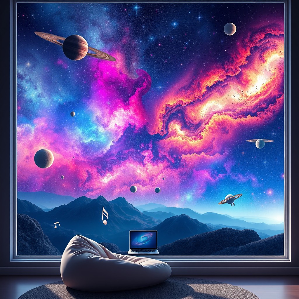 An expansive view of a stunning galaxy filled with vibrant colors, showcasing various planets scattered throughout the scene