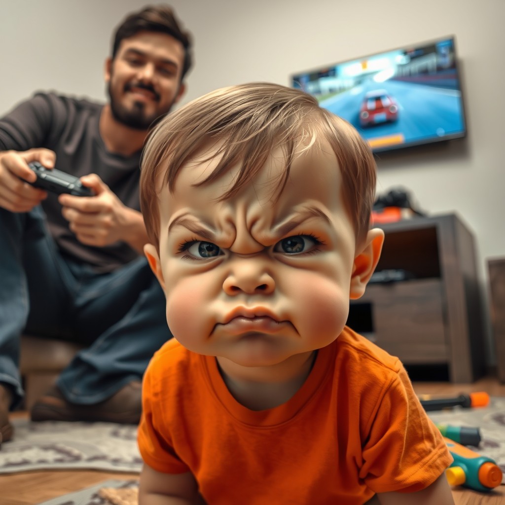 A scene showcasing a child with an expression of anger or boredom, with furrowed brows and a pouting mouth