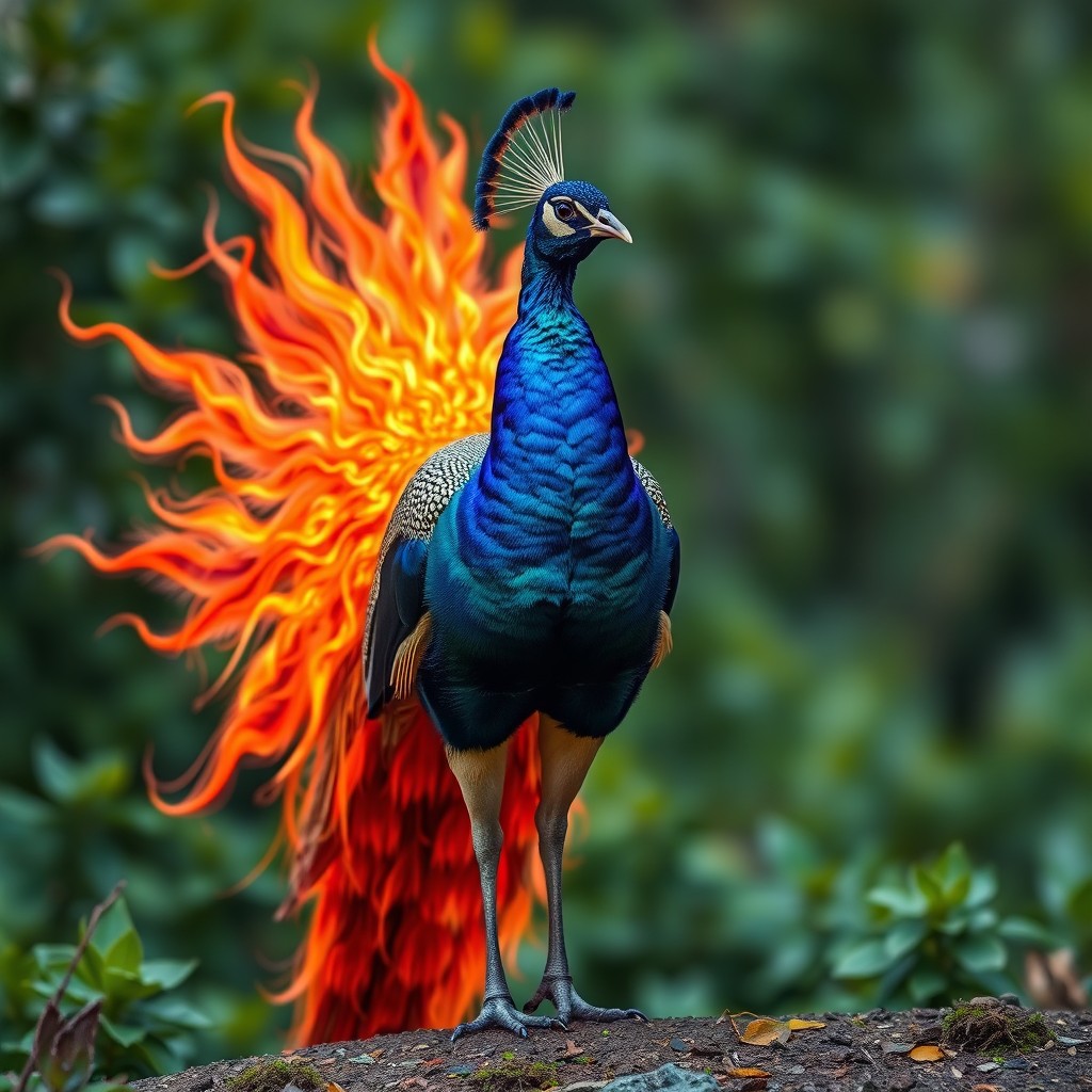 A stunning peacock with a tail that consists of vibrant flames, resembling fire instead of traditional feathers