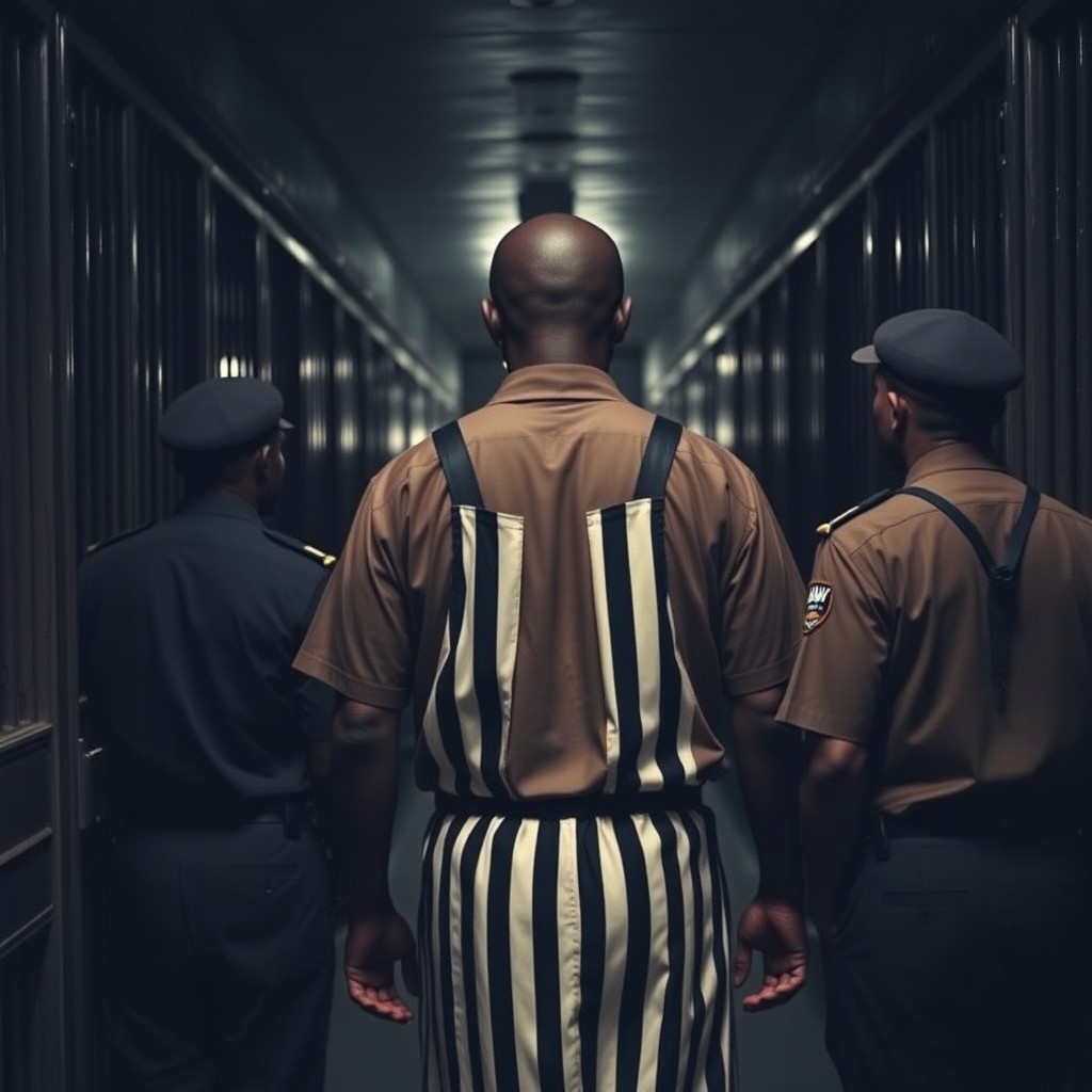 A back view of a tall black African man being escorted by two prison officers, one on each side, as they walk through a dark corridor lined with prison cells