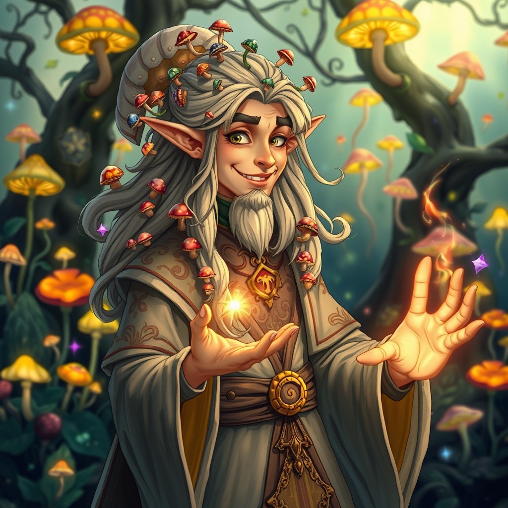 A half-elf sorcerer with an eccentric obsession with mushrooms, dressed in intricate robes adorned with various mushroom motifs