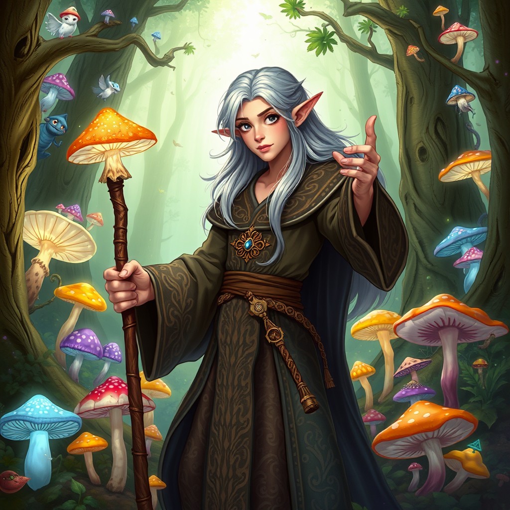 A half-elf wizard who is obsessed with mushrooms, surrounded by various mystical fungi in a magical forest