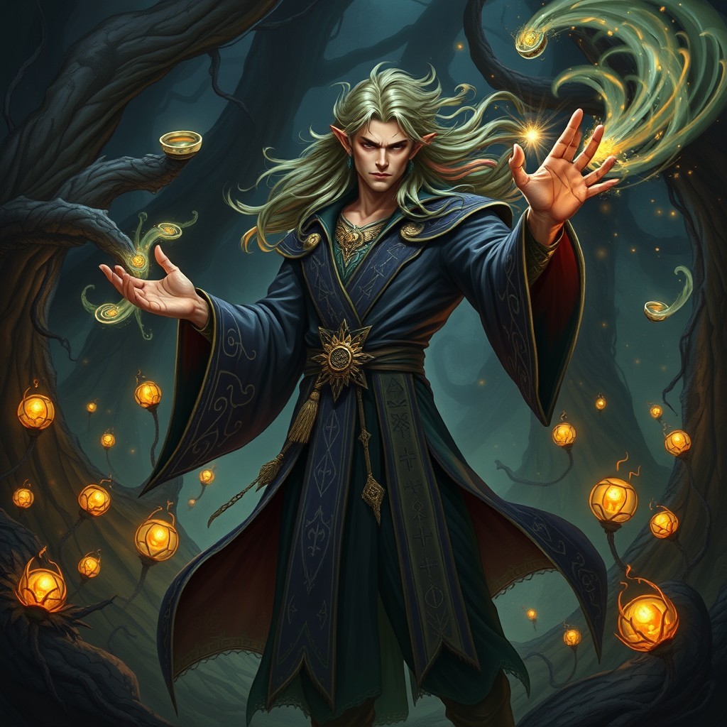 A male half-elf sorcerer obsessed with chaos magic, dressed in an elaborately designed robe adorned with mystical symbols and arcane runes