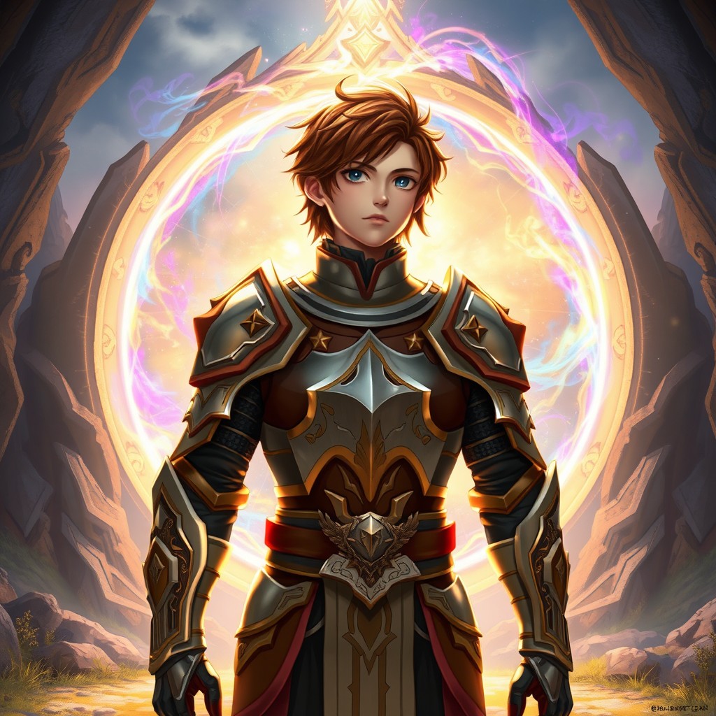 A main character with chestnut brown hair standing confidently in full armor
