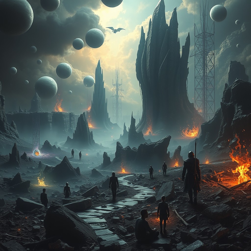 In a surreal, dystopian landscape where boundaries between worlds have been shattered, a race that considers itself deserving of life engages in systematic extermination of other beings across various dimensions, unwittingly breaking the law of existence