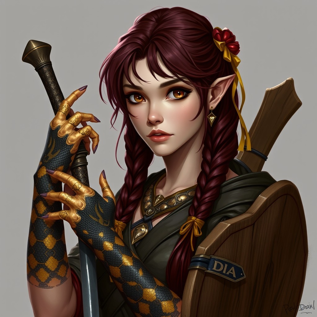 A character design for a D&D game featuring a pure-blood yuan-ti druid