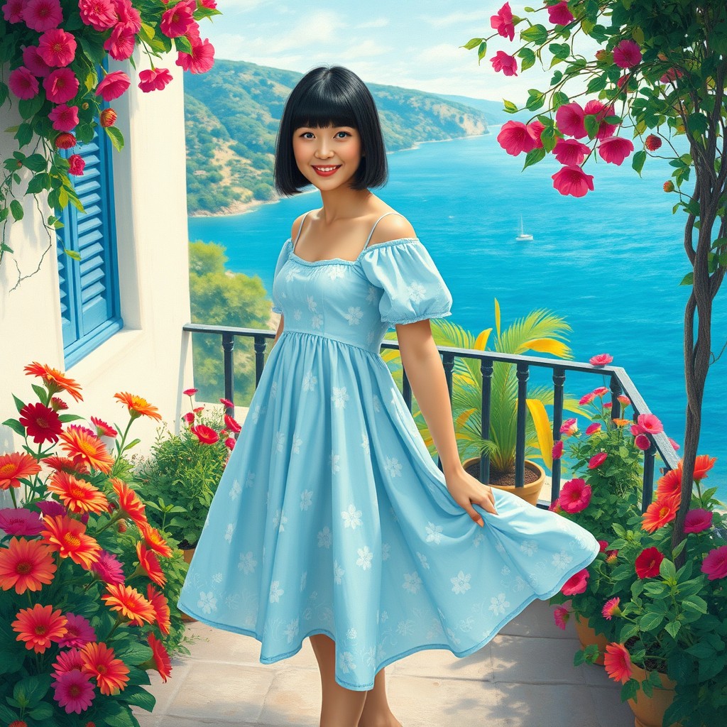 A woman with short black hair, straight bangs, and bright blue eyes, wearing a light blue summer dress adorned with white floral patterns
