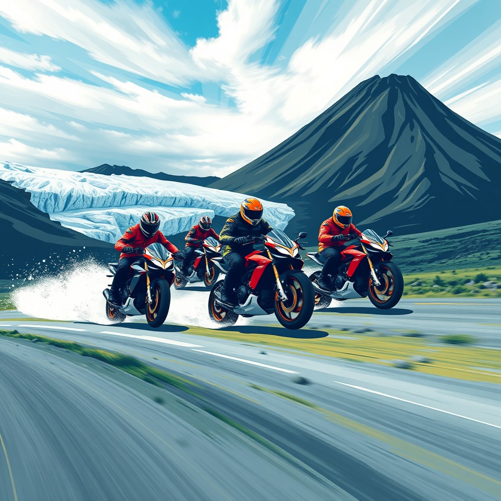 A dynamic t-shirt logo design featuring several riders on superbikes speeding through the breathtaking landscapes of Iceland