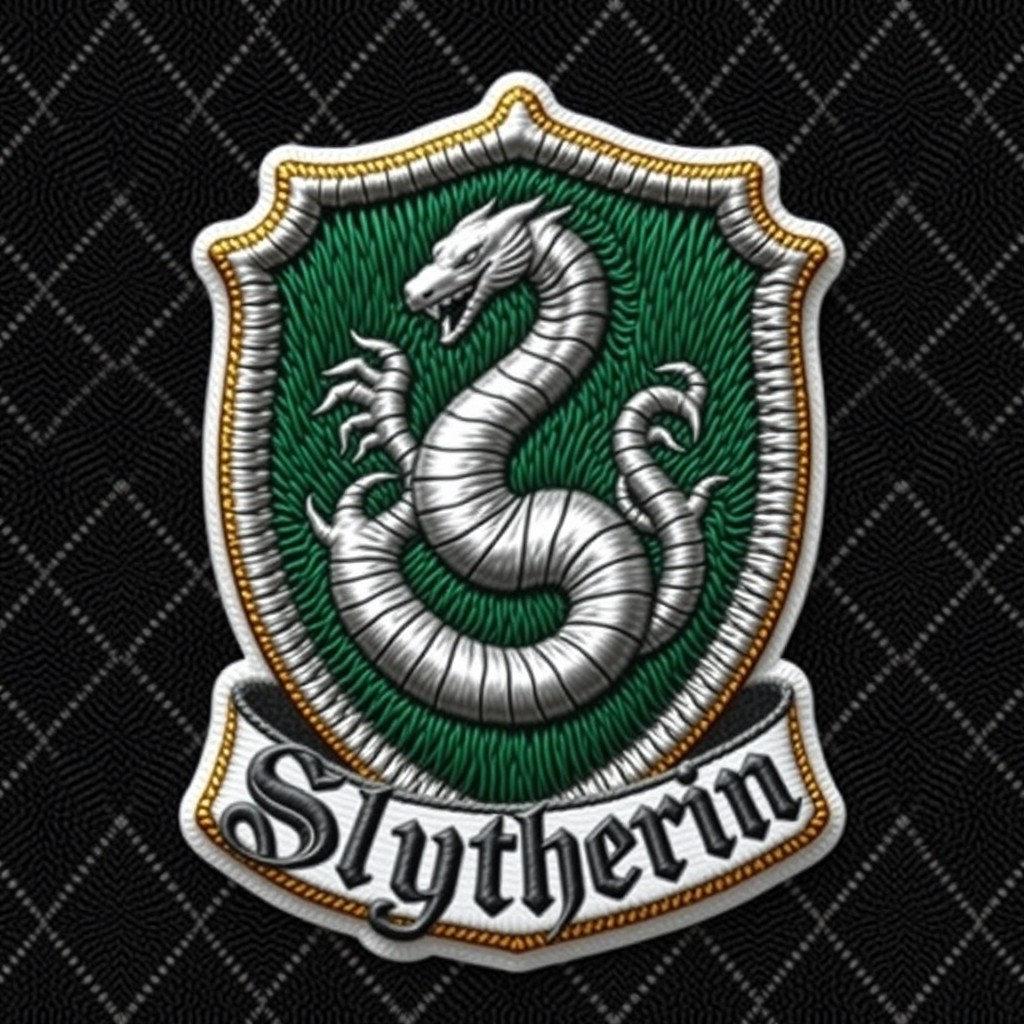 Slytherin house crest designed as a medieval embroidered patch, featuring a shield shape with ornate golden or dark silver edges