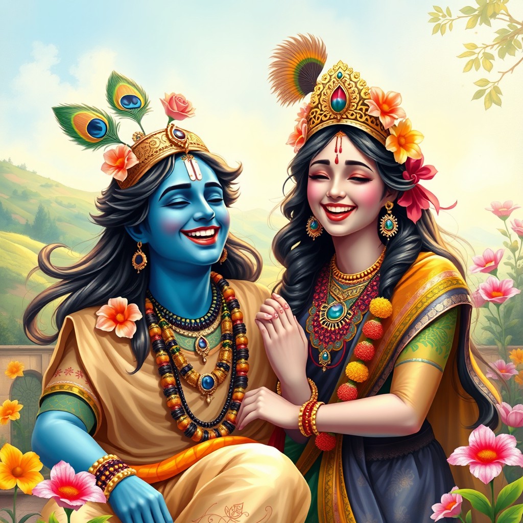 A joyful scene depicting Lord Krishna laughing heartily with a beautiful young woman by his side, surrounded by vibrant flowers and a serene landscape