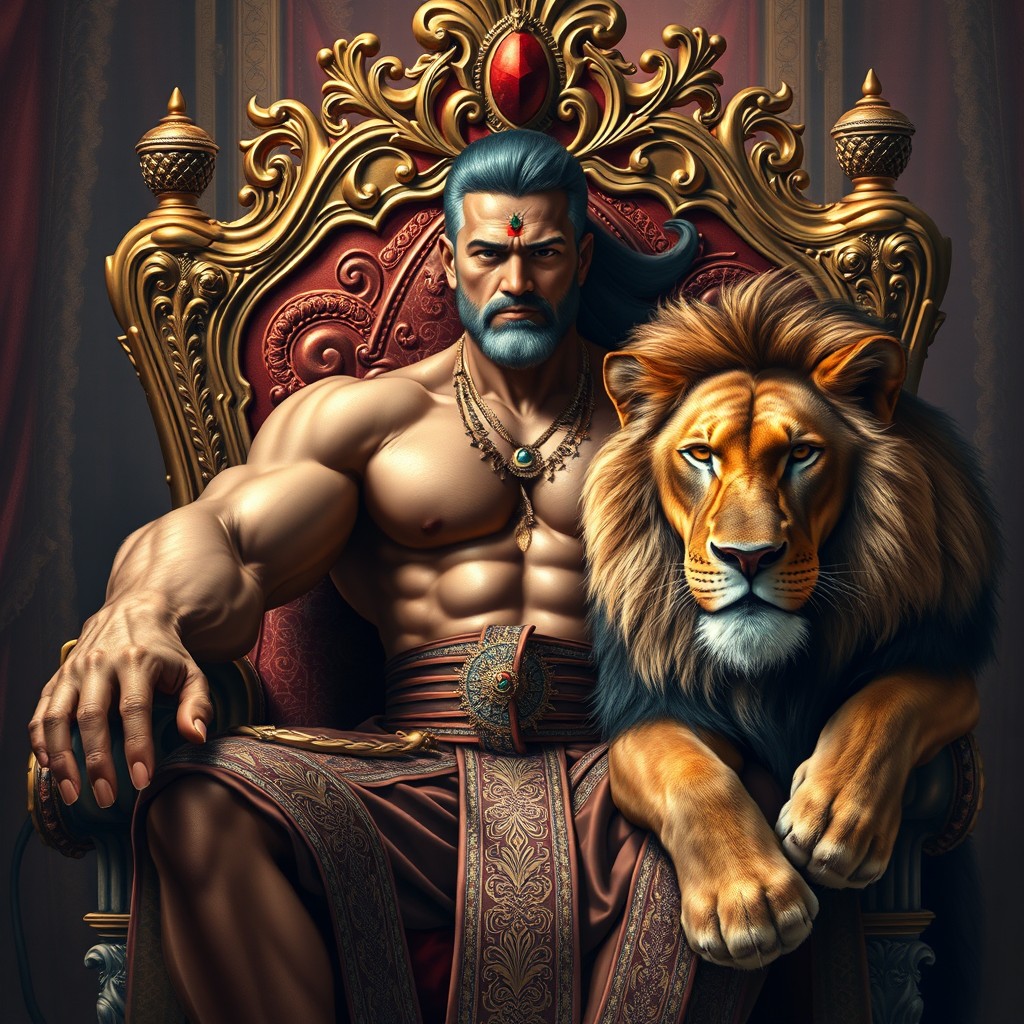 A strong and powerful man with a commanding presence, embodying strength and authority, has light skin resembling that of Indian descent