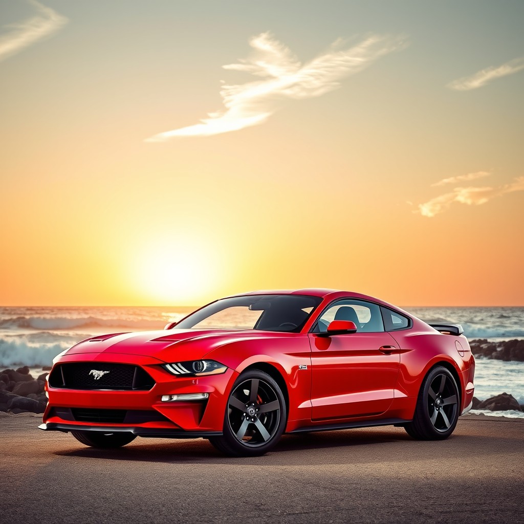 A powerful Ford Mustang parked in front of a picturesque coastal sunset