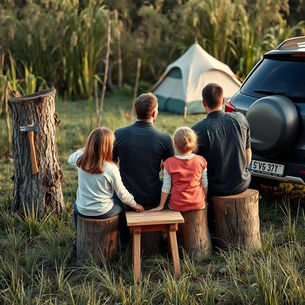 A family of four people sitting from the back on vertical tree trunks, next to a small wooden table