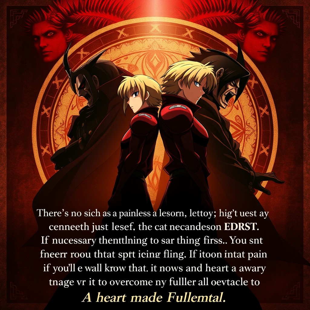 A dramatic Fullmetal Alchemist poster featuring Edward Elric and Alphonse Elric standing back-to-back at the center