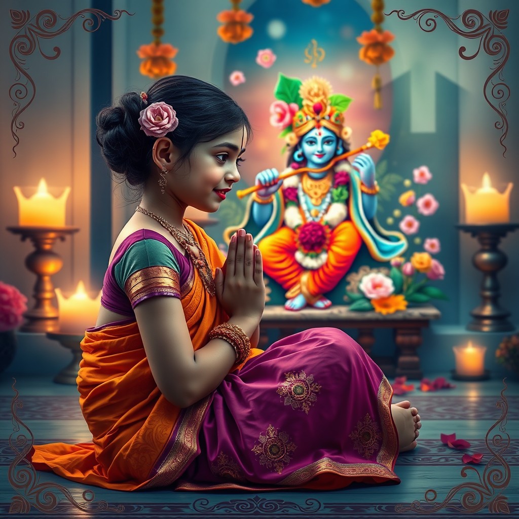 A serene and beautiful scene depicting a Hindu girl in traditional attire, such as a colorful saree, sitting in a peaceful environment with her hands folded in prayer