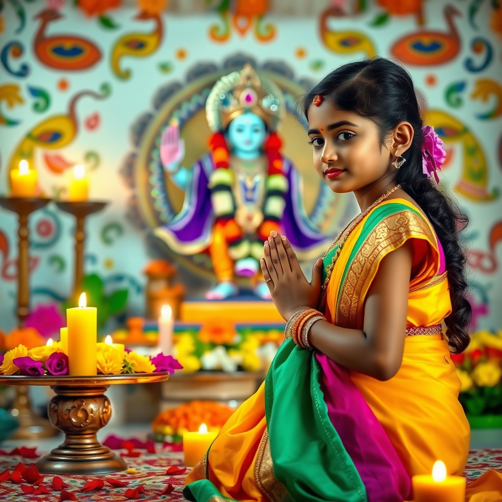 A captivating scene of a Hindu girl in traditional attire, wearing a vibrant saree, kneeling in prayer before a beautifully adorned idol of Lord Krishna