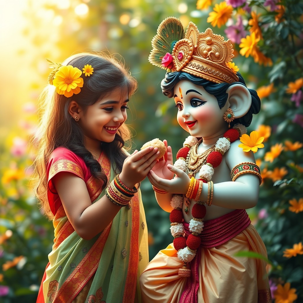 A joyful and heartwarming scene showing a Hindu girl in a traditional colorful lehenga, lovingly feeding Lord Krishna a ladoo