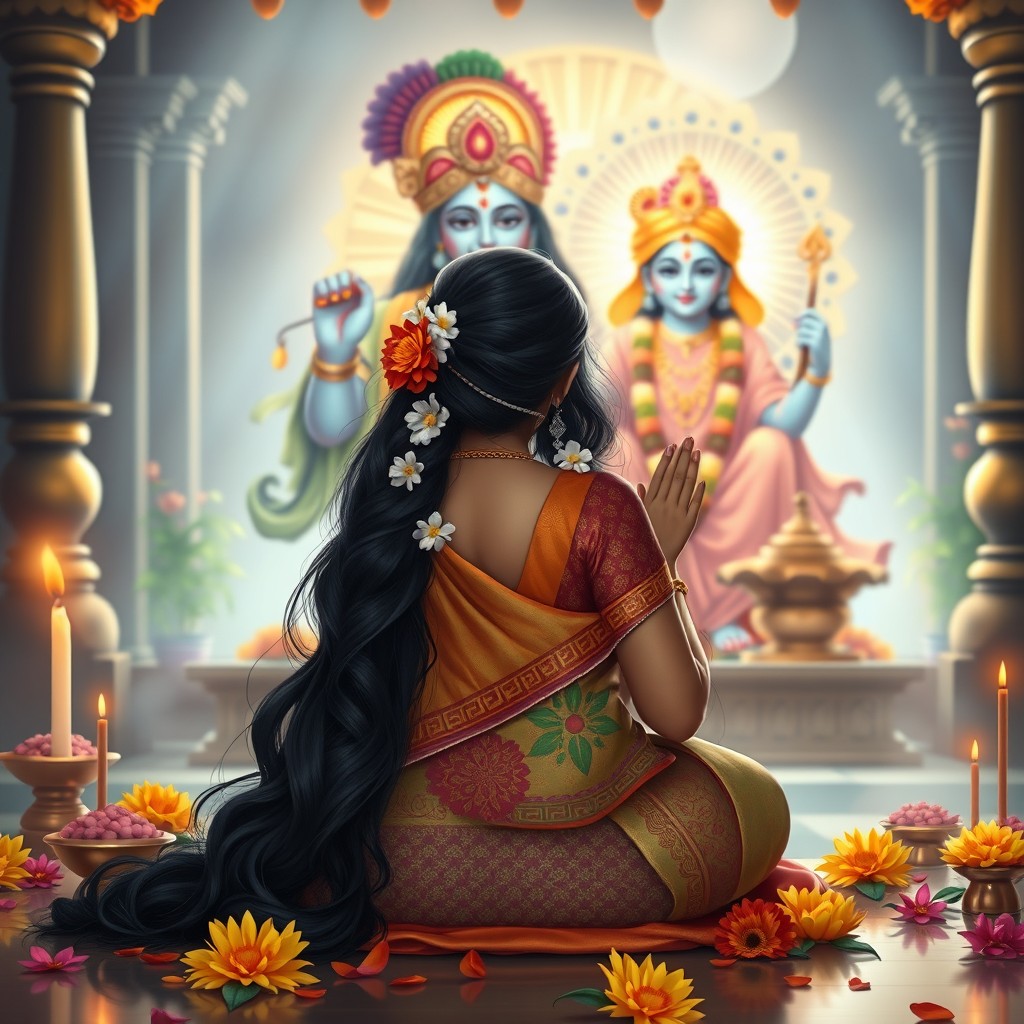 A serene scene depicting a Hindu girl in traditional attire praying to Lord Krishna