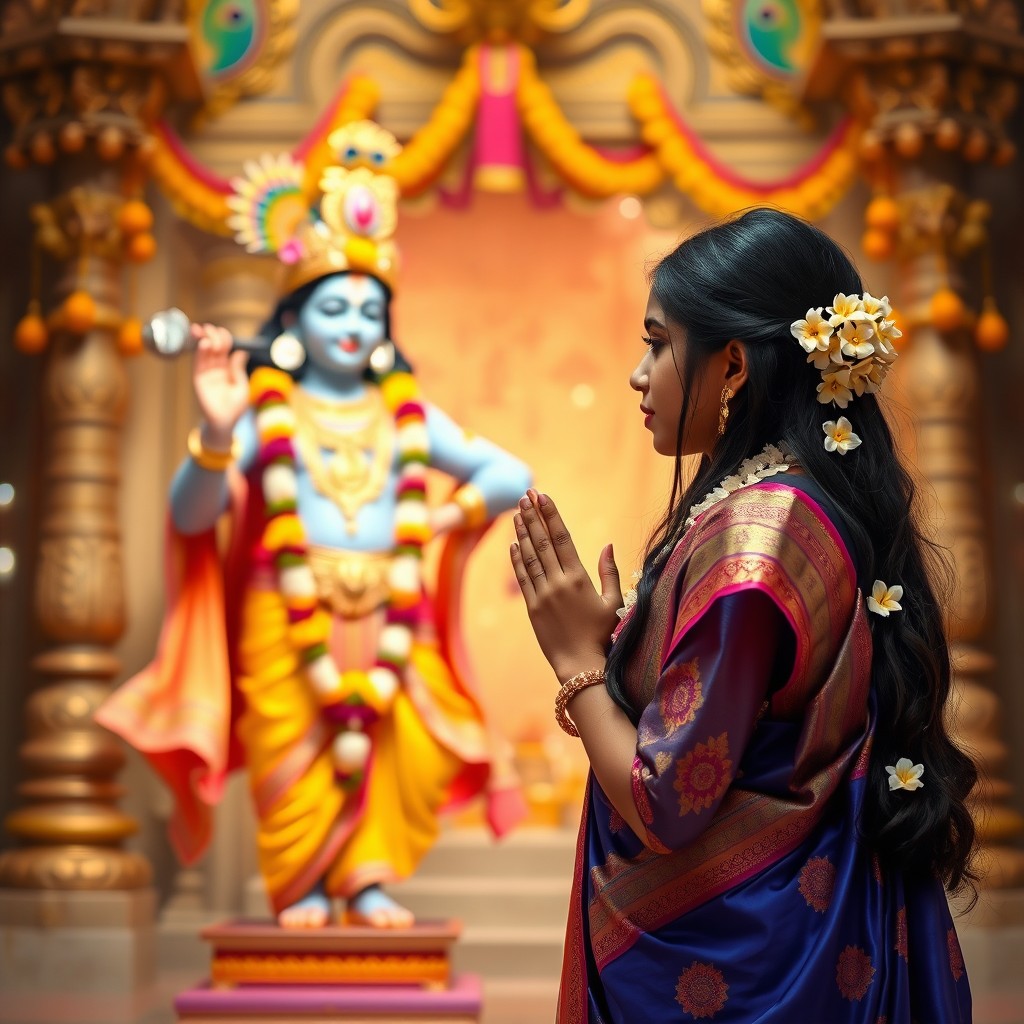 A Hindu girl facing Lord Krishna in a beautiful temple setting, deeply engrossed in prayer